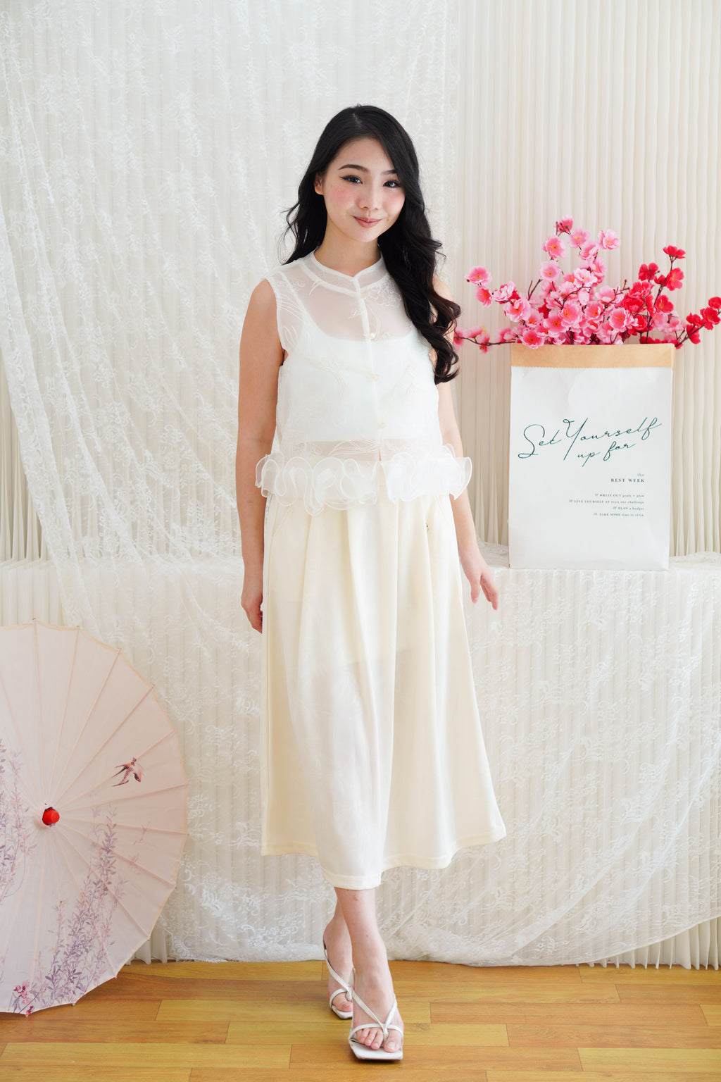 Wei A-Line Pleated Midi Skirt in Cream