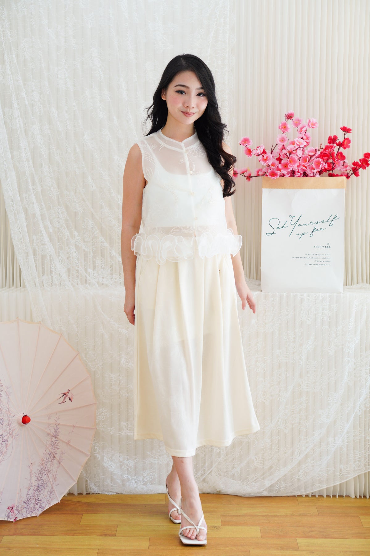Wei A-Line Pleated Midi Skirt in Cream