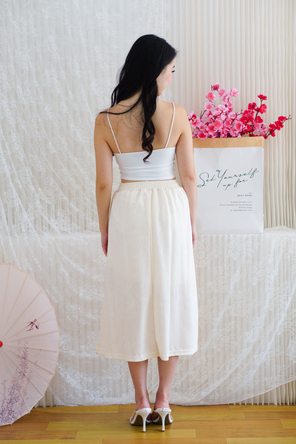 Wei A-Line Pleated Midi Skirt in Cream