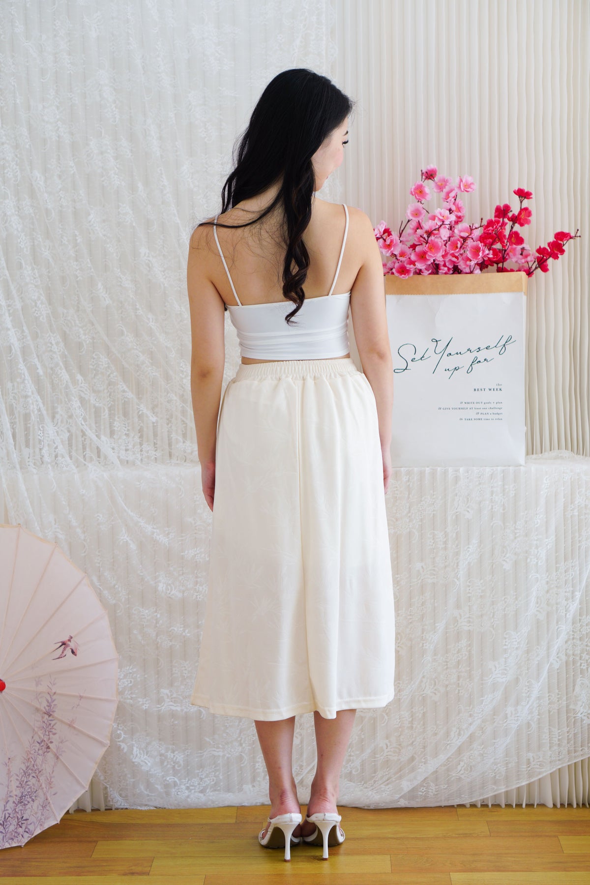 Wei A-Line Pleated Midi Skirt in Cream