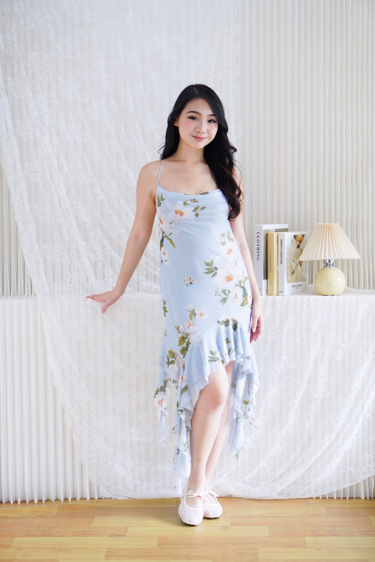 Nisira Floral Cowl Neck Mini Frills Mesh Dress in Blue