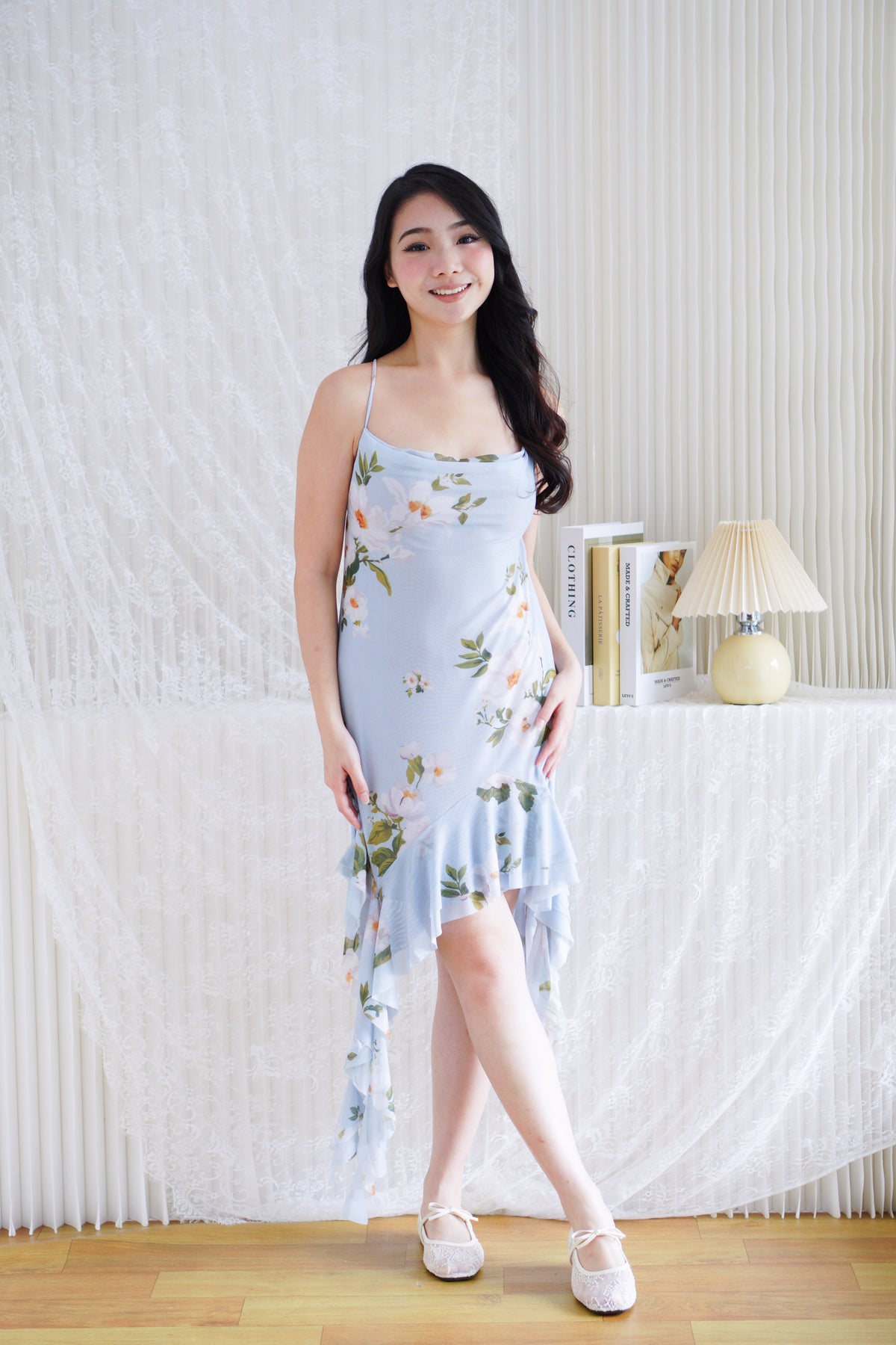 Nisira Floral Cowl Neck Mini Frills Mesh Dress in Blue