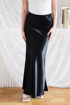 Elira Maxi A-line Satin Skirt in Black
