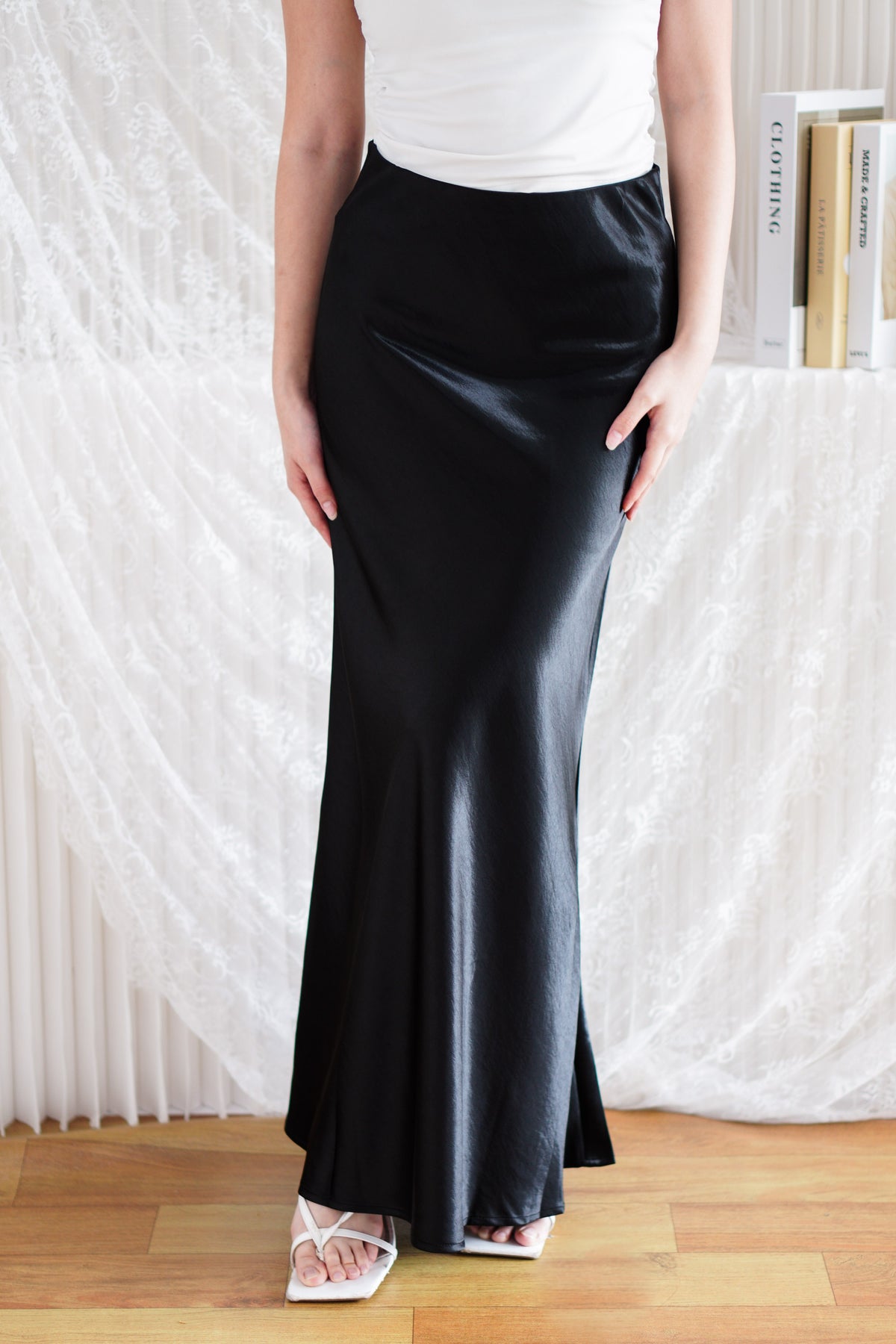 Elira Maxi A-line Satin Skirt in Black