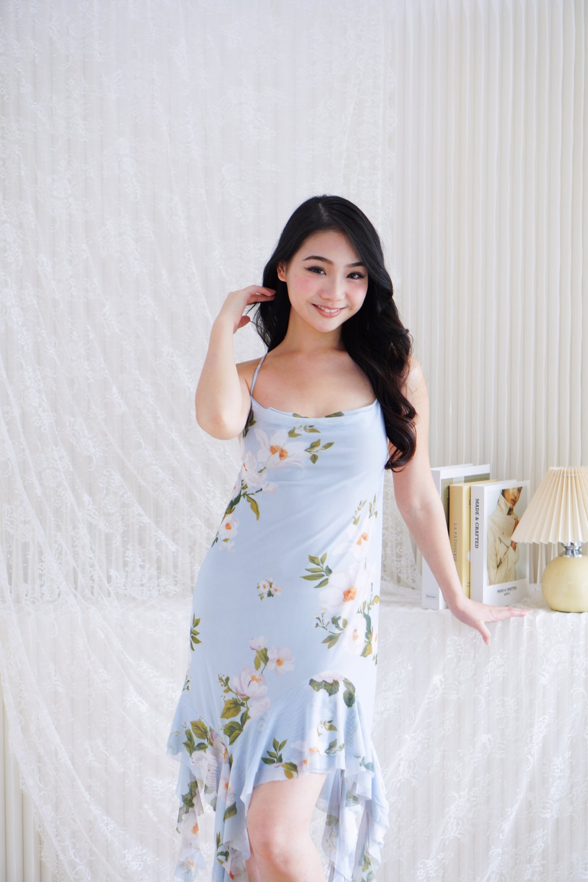 Nisira Floral Cowl Neck Mini Frills Mesh Dress in Blue