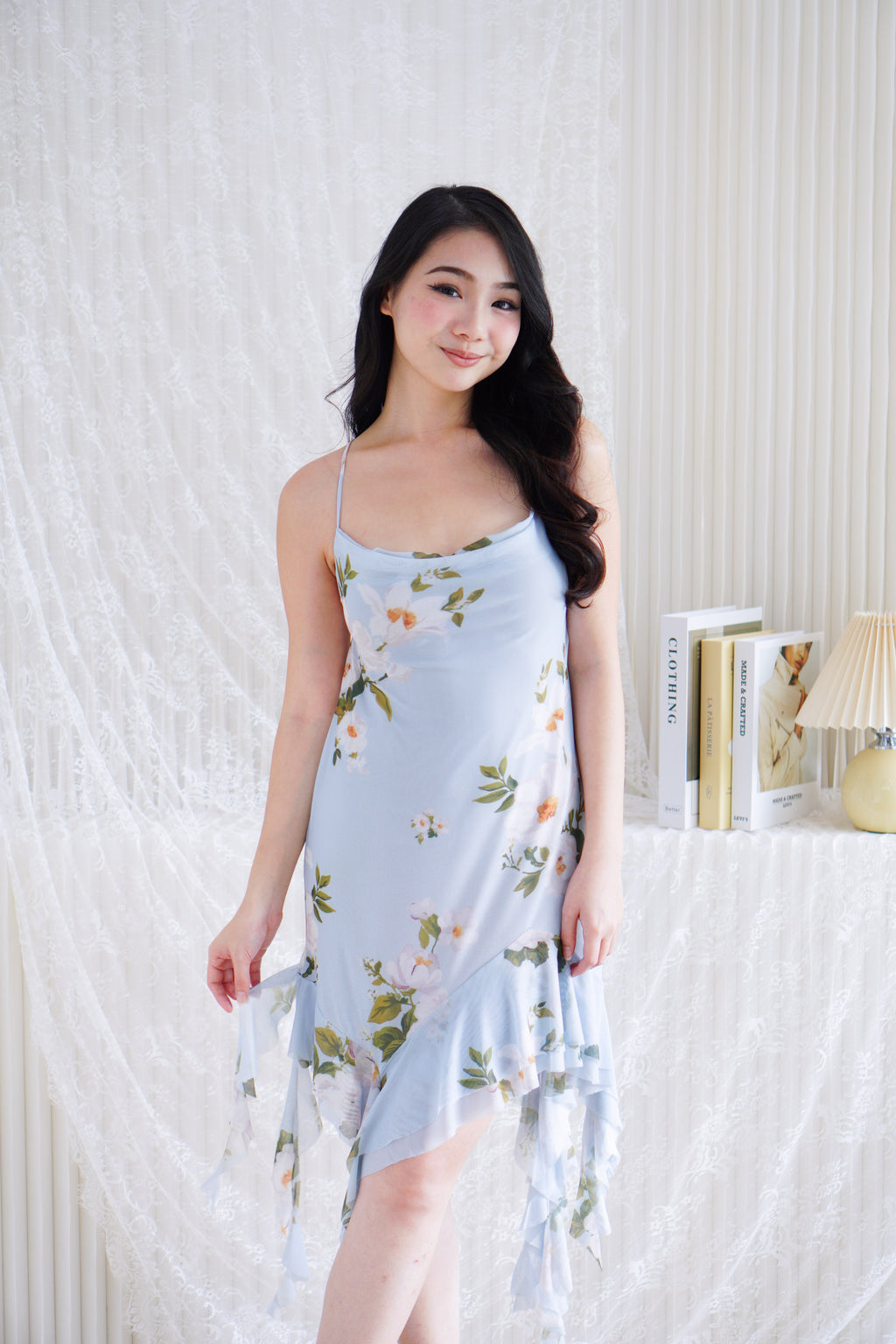 Nisira Floral Cowl Neck Mini Frills Mesh Dress in Blue