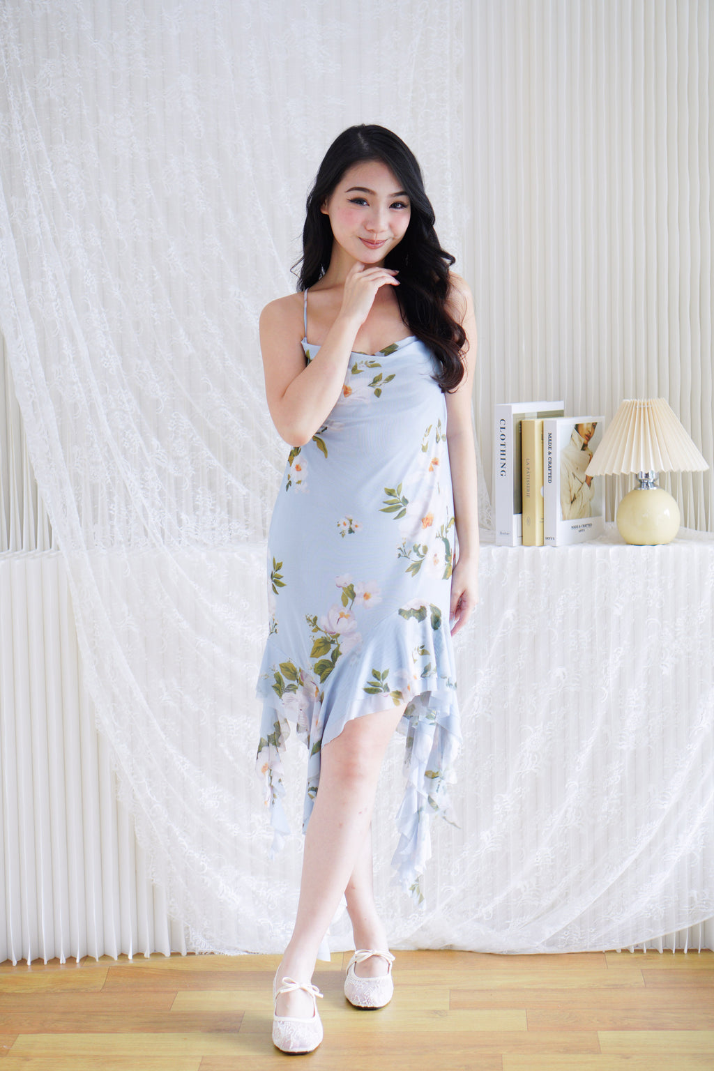 Nisira Floral Cowl Neck Mini Frills Mesh Dress in Blue