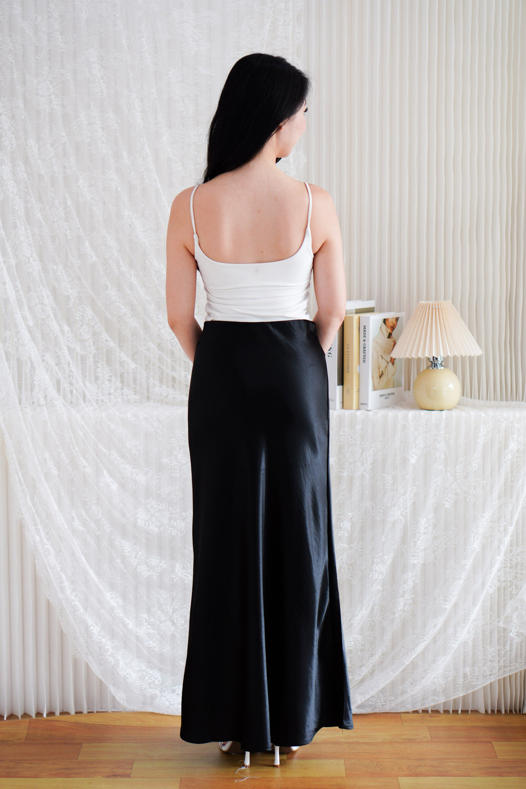 Elira Maxi A-line Satin Skirt in Black