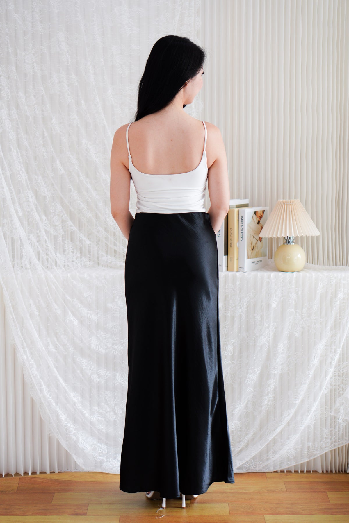Elira Maxi A-line Satin Skirt in Black
