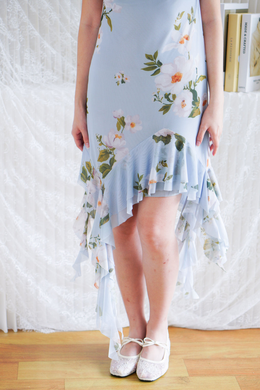 Nisira Floral Cowl Neck Mini Frills Mesh Dress in Blue