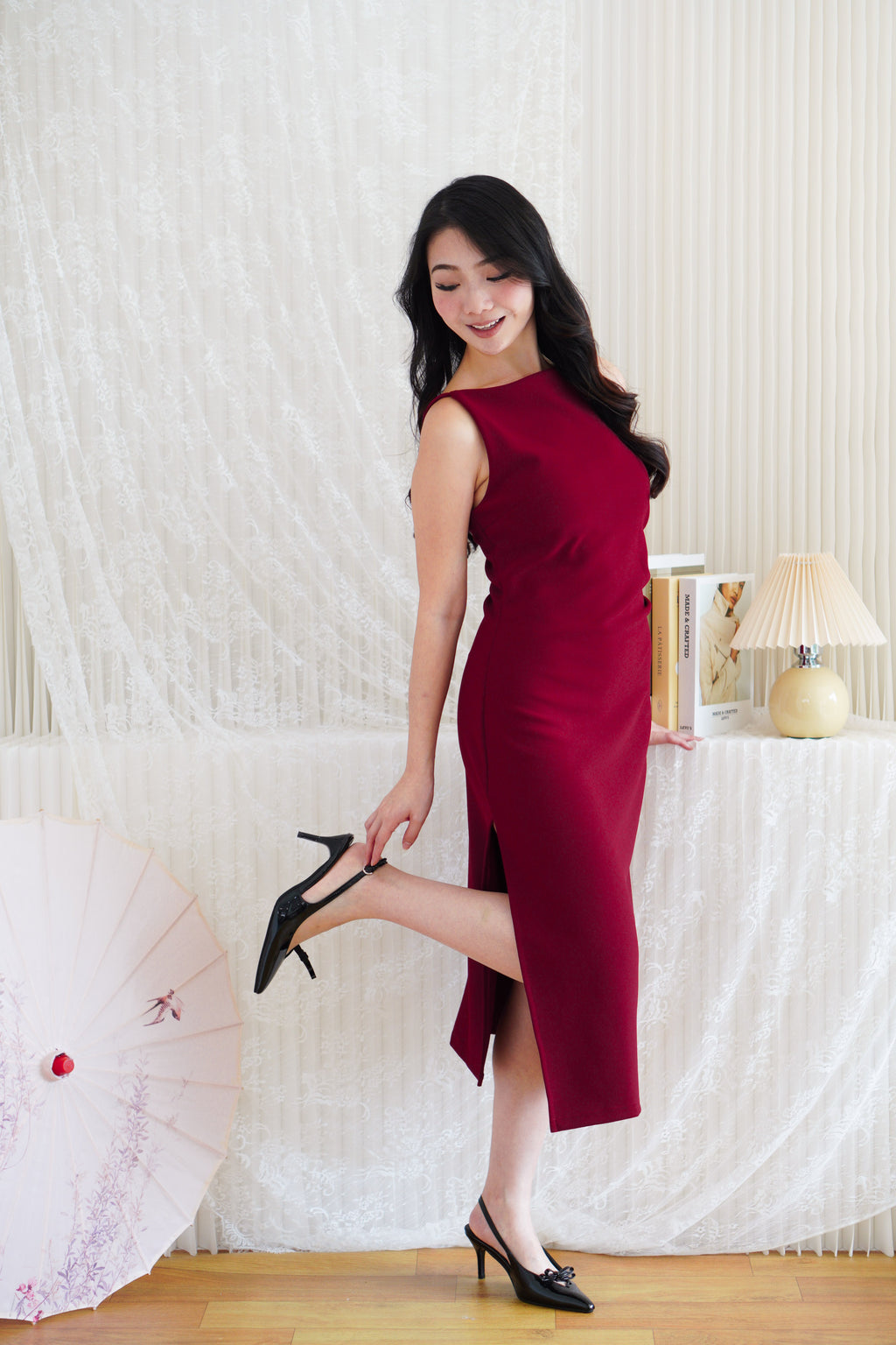 Liliana High Neck Bodycon Midi Dress in Dark Red