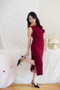 Liliana High Neck Bodycon Midi Dress in Dark Red