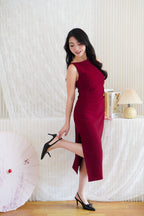Liliana High Neck Bodycon Midi Dress in Dark Red