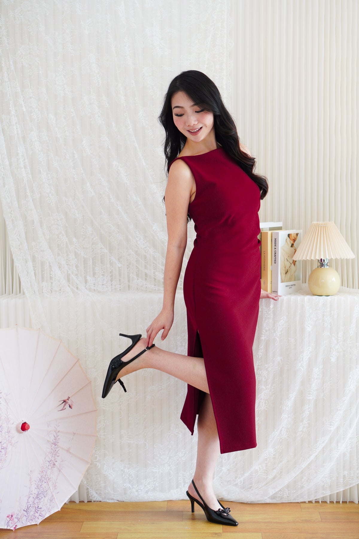 Liliana High Neck Bodycon Midi Dress in Dark Red