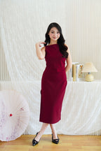 Liliana High Neck Bodycon Midi Dress in Dark Red