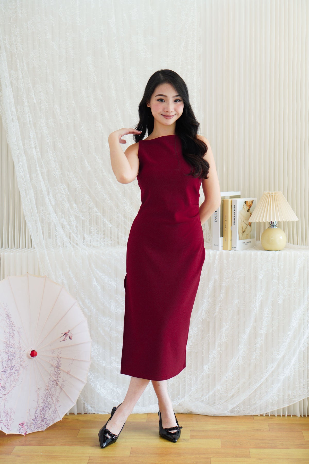 Liliana High Neck Bodycon Midi Dress in Dark Red