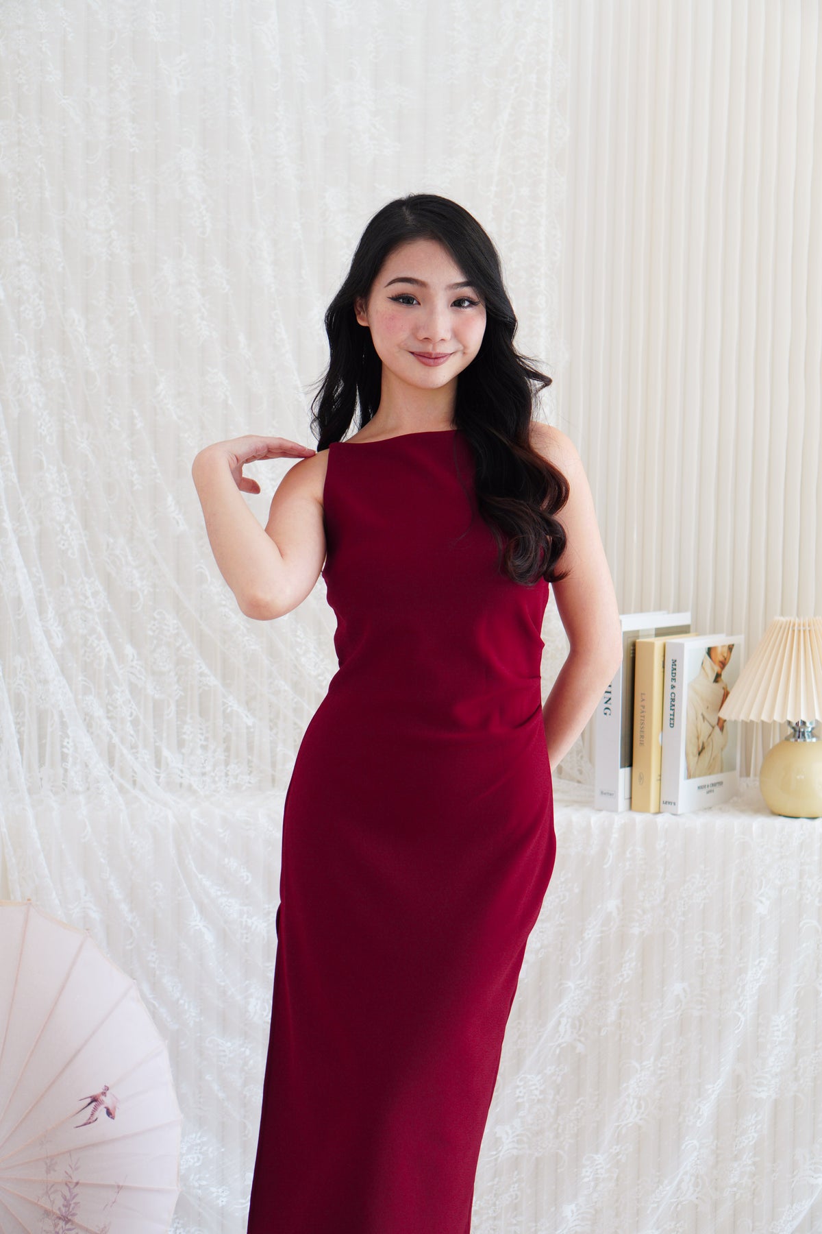 Liliana High Neck Bodycon Midi Dress in Dark Red