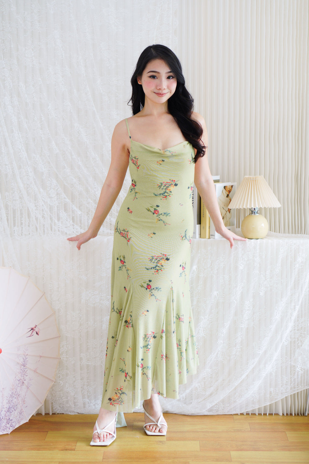 Lanissa Floral Cowl Neck Mesh Frills Dress in Green