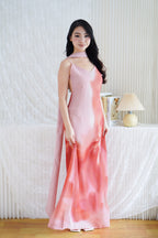 Roanne Floral Ombre Maxi Dress with Neck Scarf in Pink
