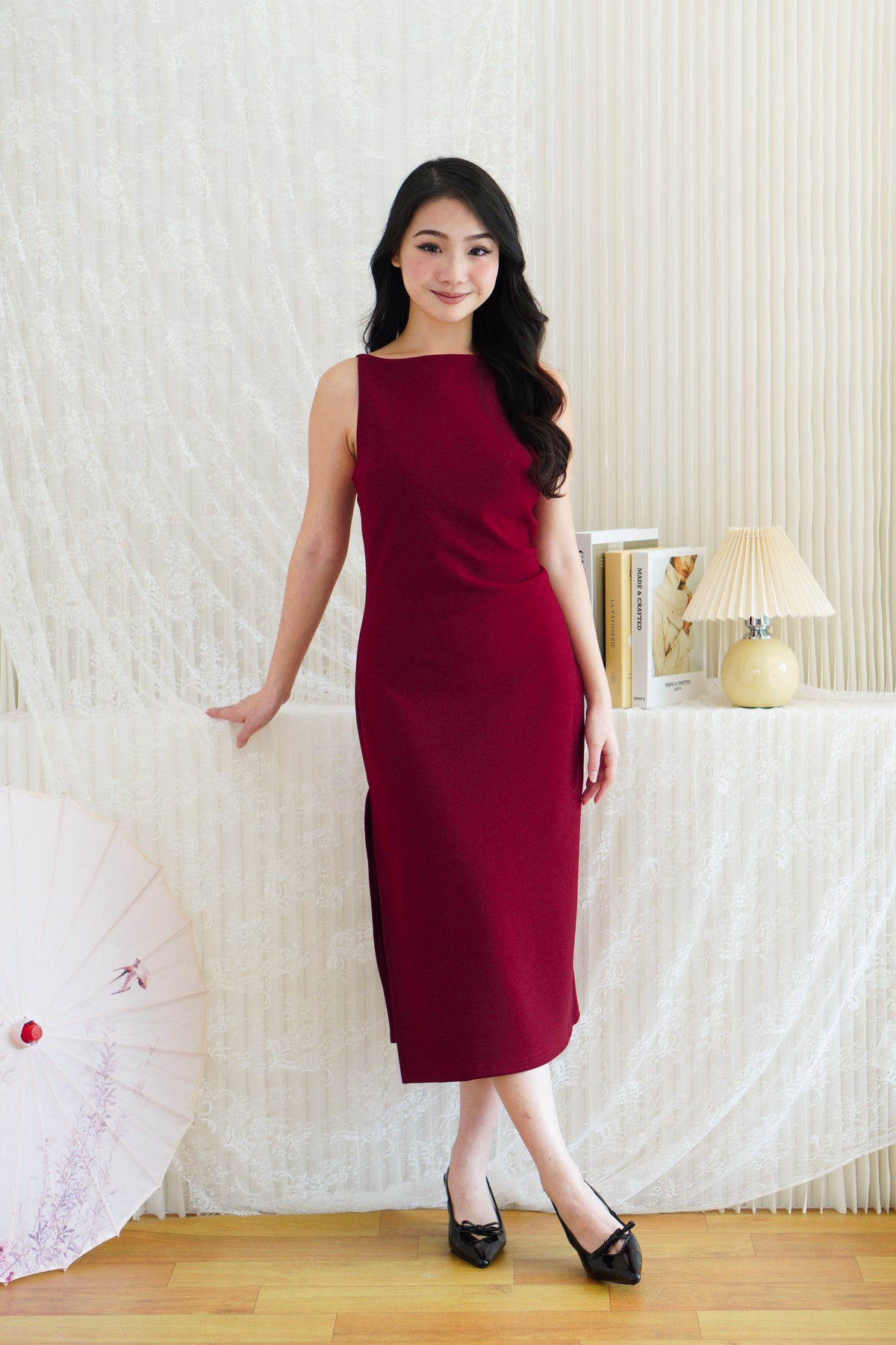 Liliana High Neck Bodycon Midi Dress in Dark Red