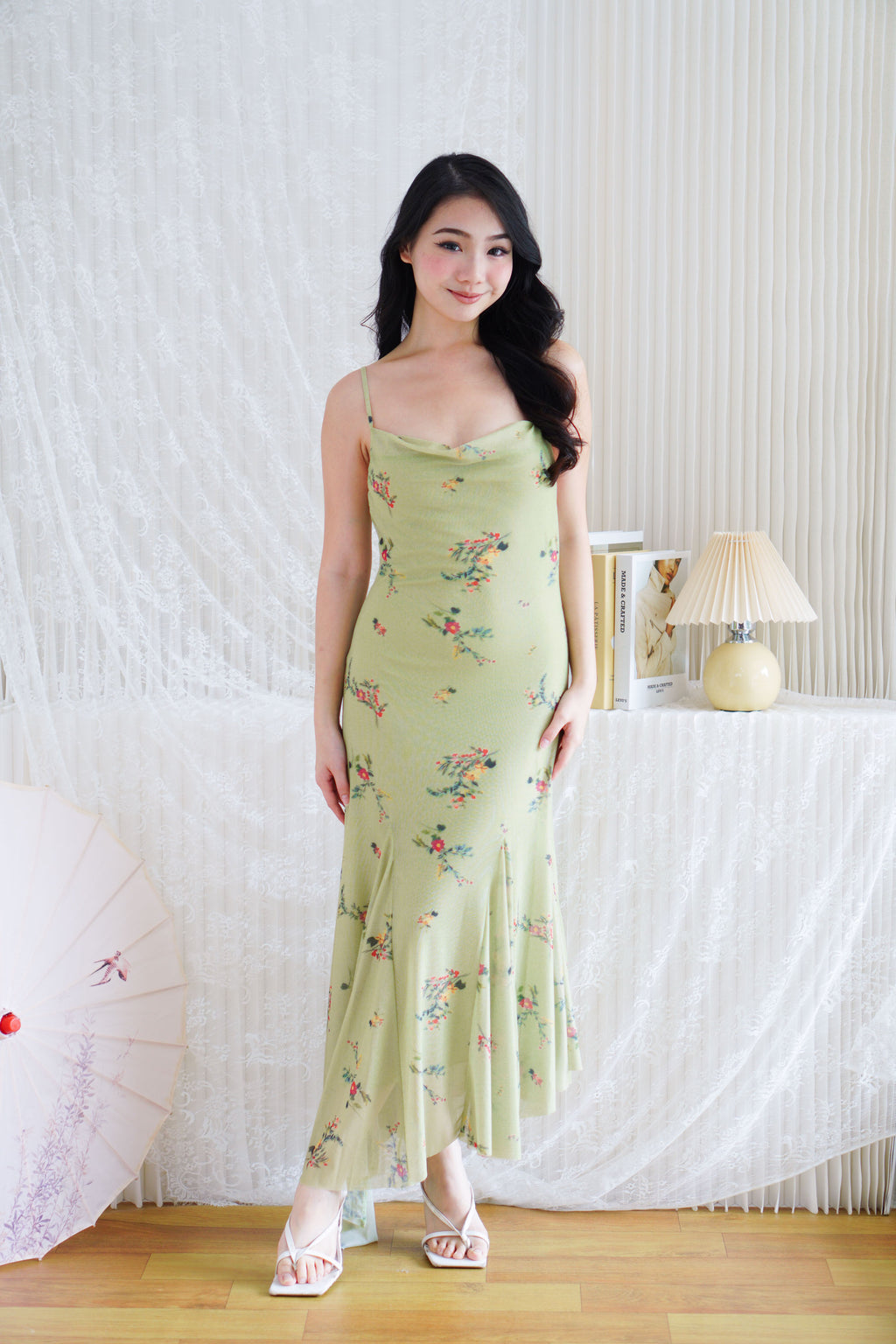 Lanissa Floral Cowl Neck Mesh Frills Dress in Green