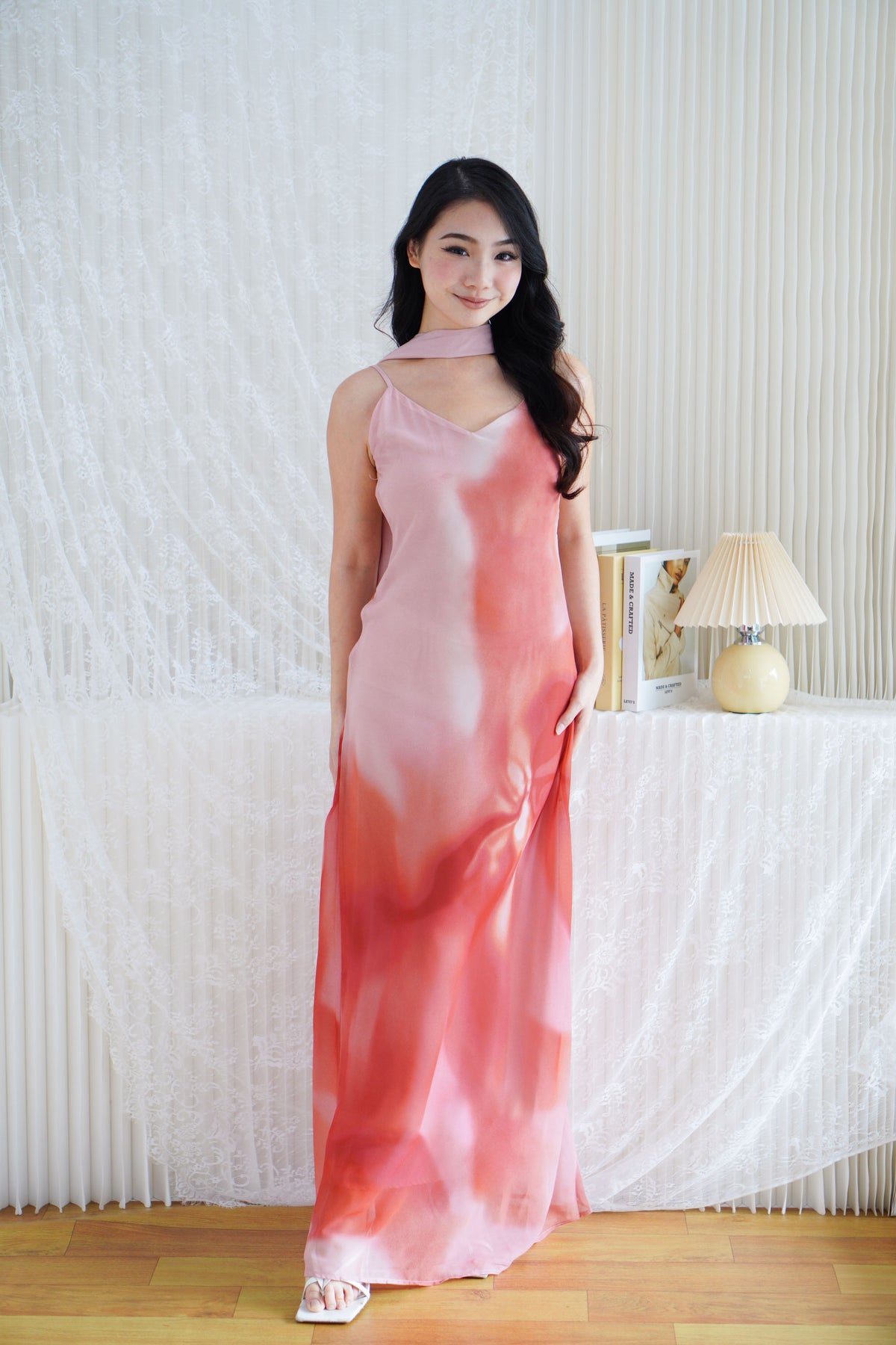 Roanne Floral Ombre Maxi Dress with Neck Scarf in Pink