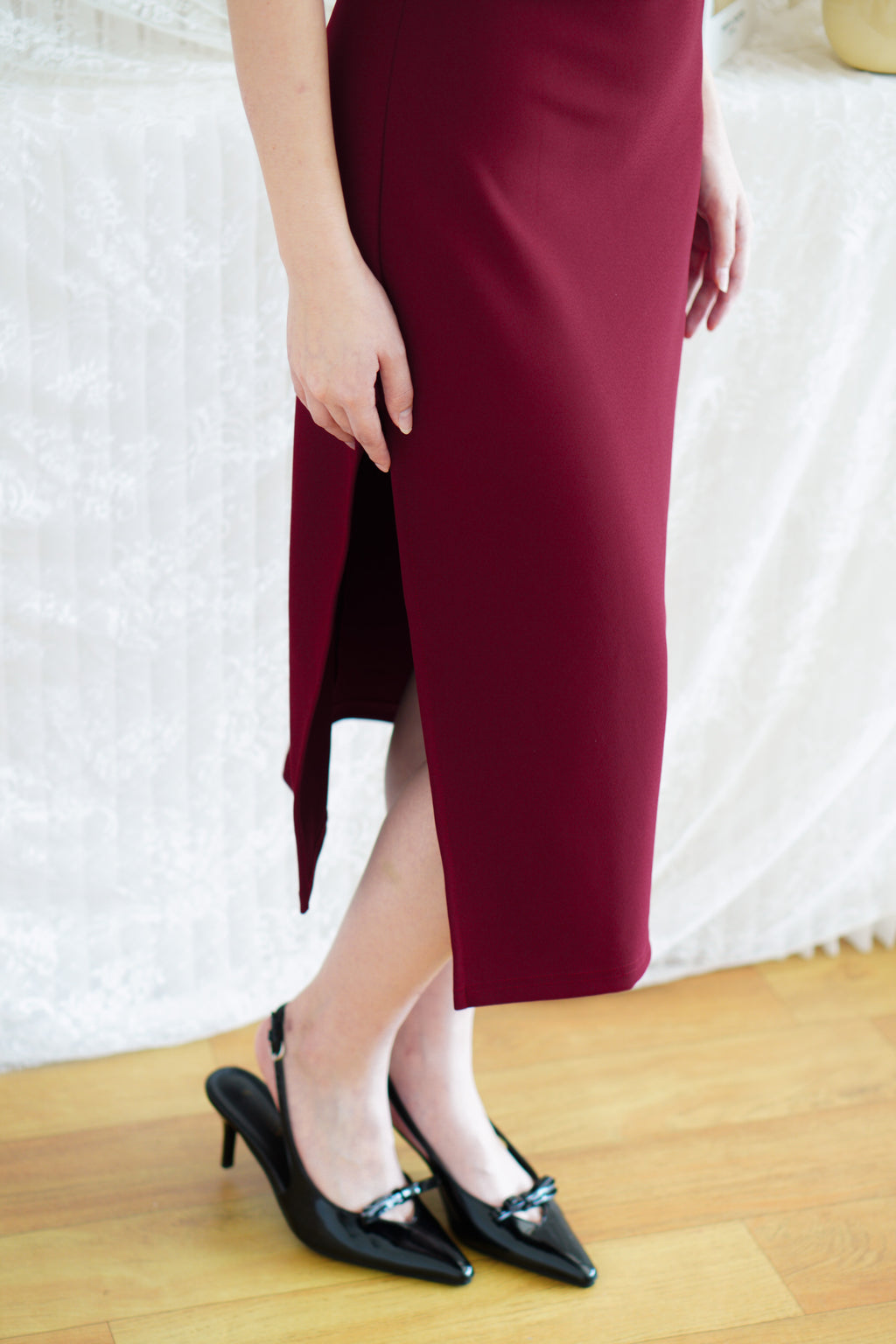 Liliana High Neck Bodycon Midi Dress in Dark Red