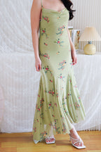 Lanissa Floral Cowl Neck Mesh Frills Dress in Green