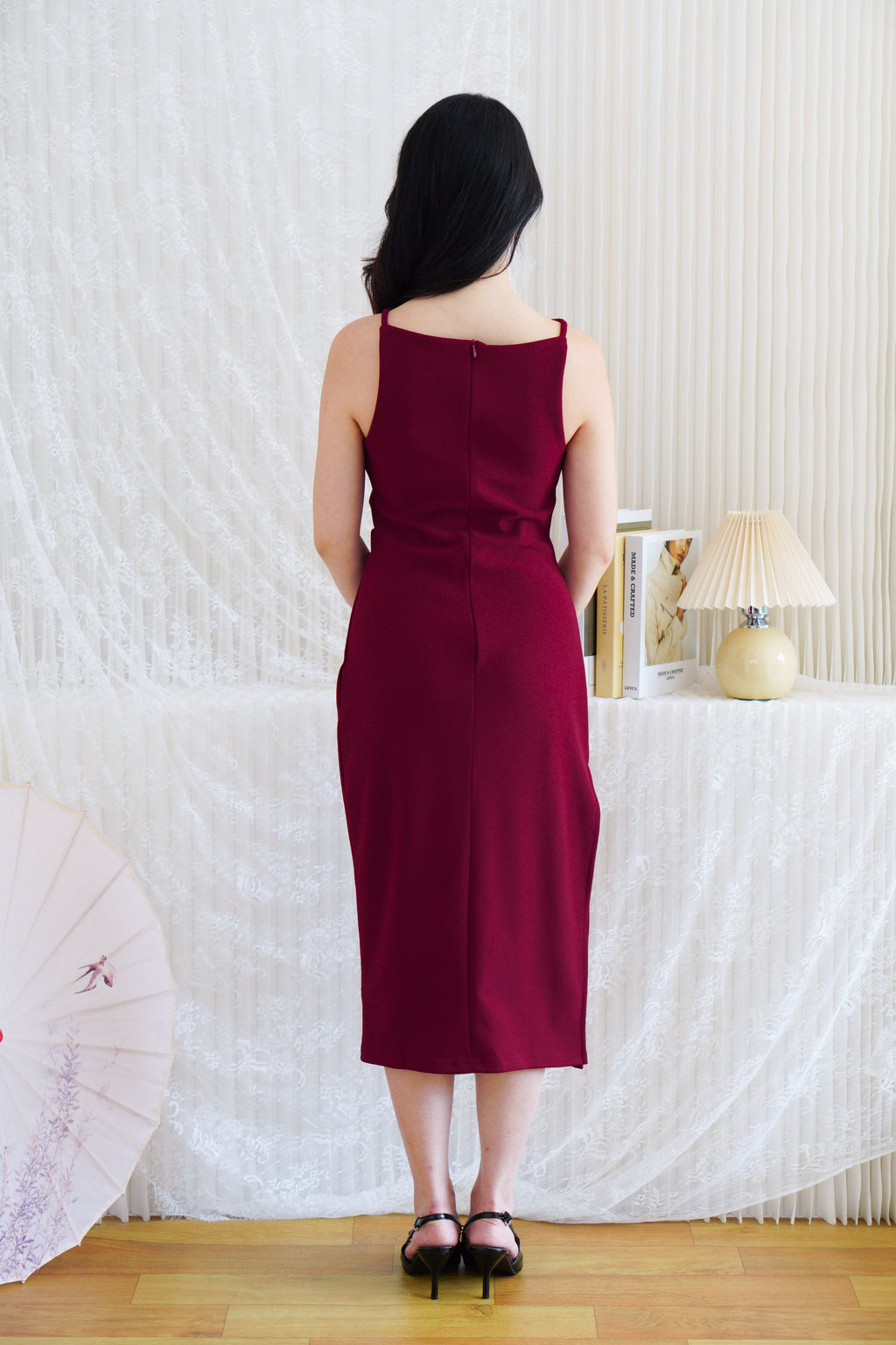 Liliana High Neck Bodycon Midi Dress in Dark Red