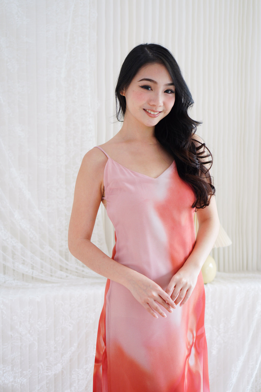 Roanne Floral Ombre Maxi Dress with Neck Scarf in Pink