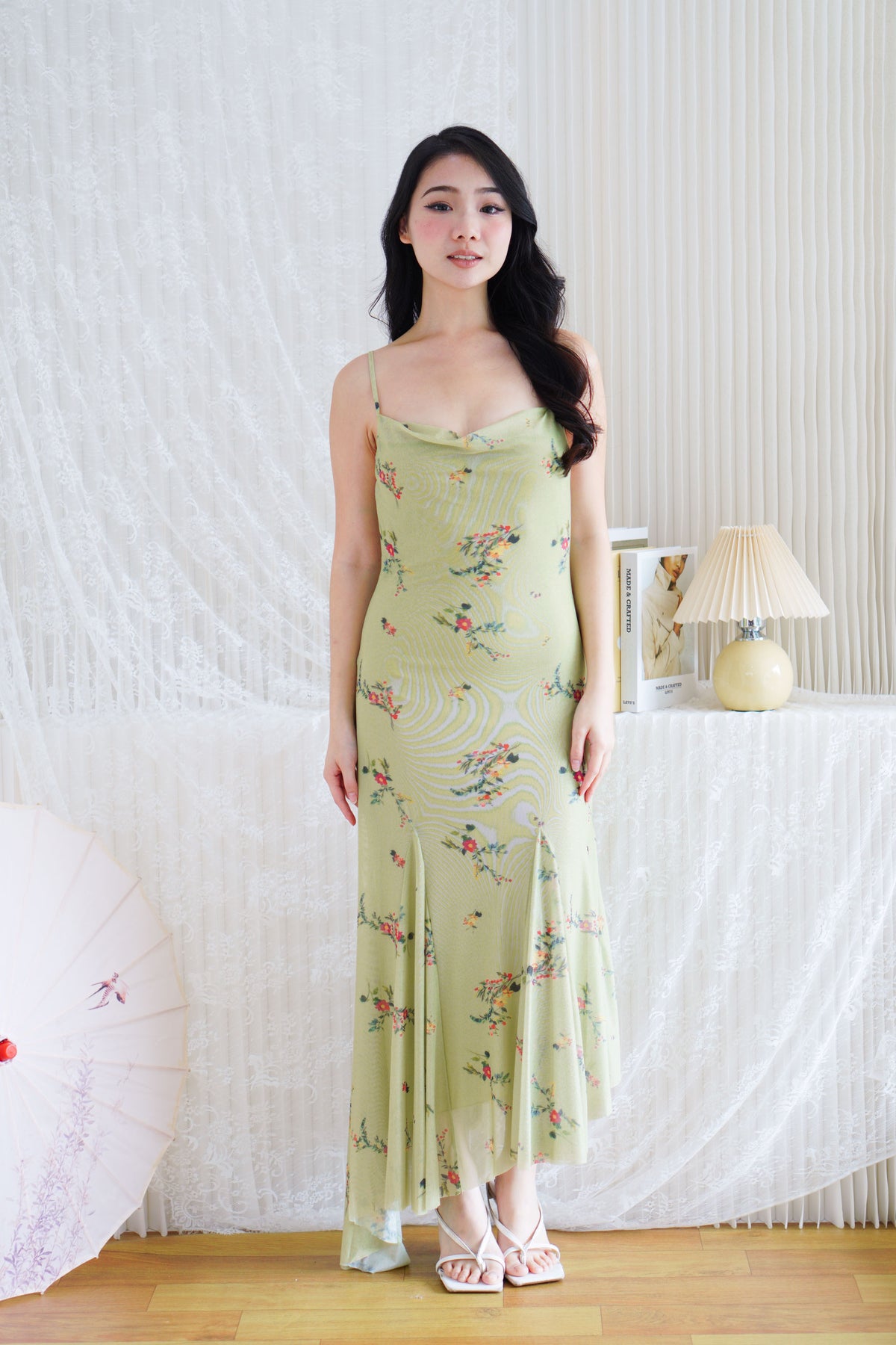 Lanissa Floral Cowl Neck Mesh Frills Dress in Green