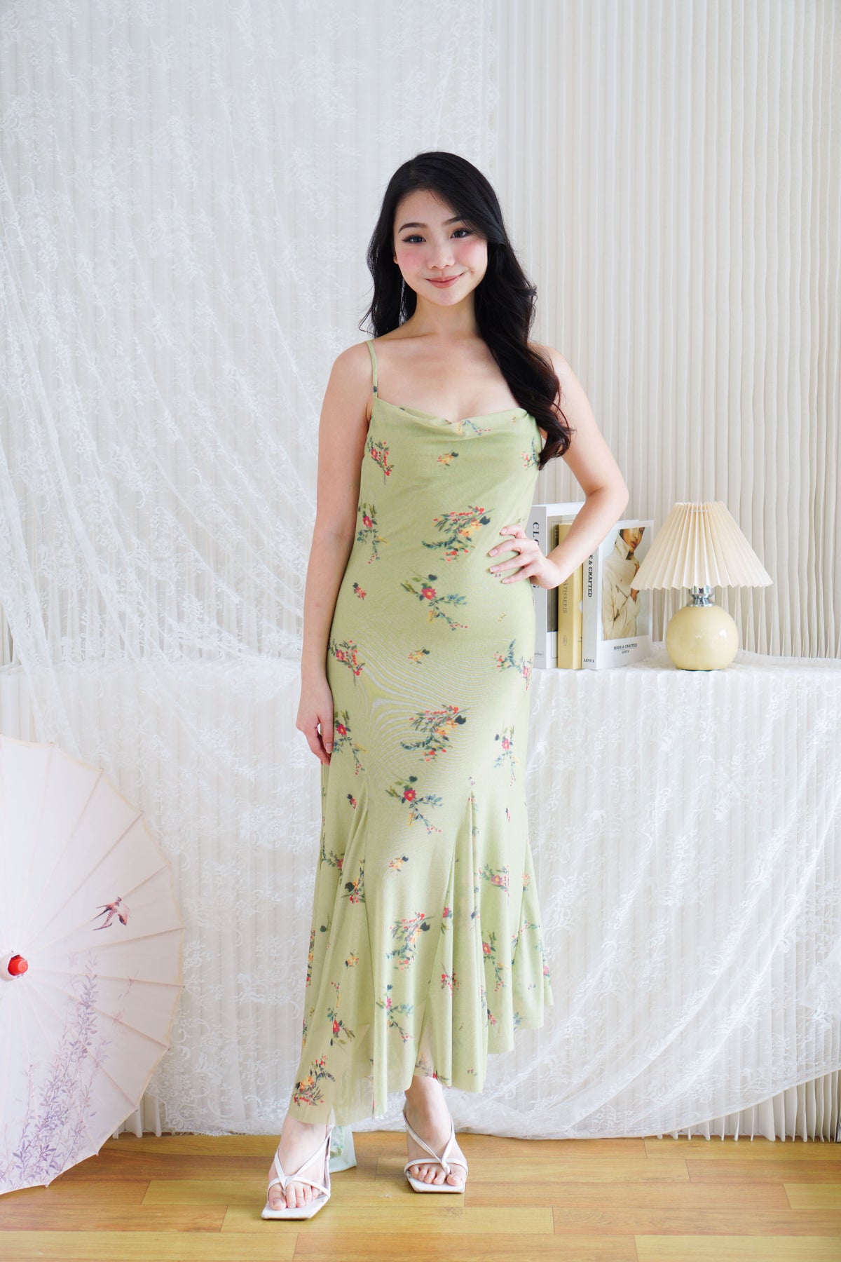 Lanissa Floral Cowl Neck Mesh Frills Dress in Green