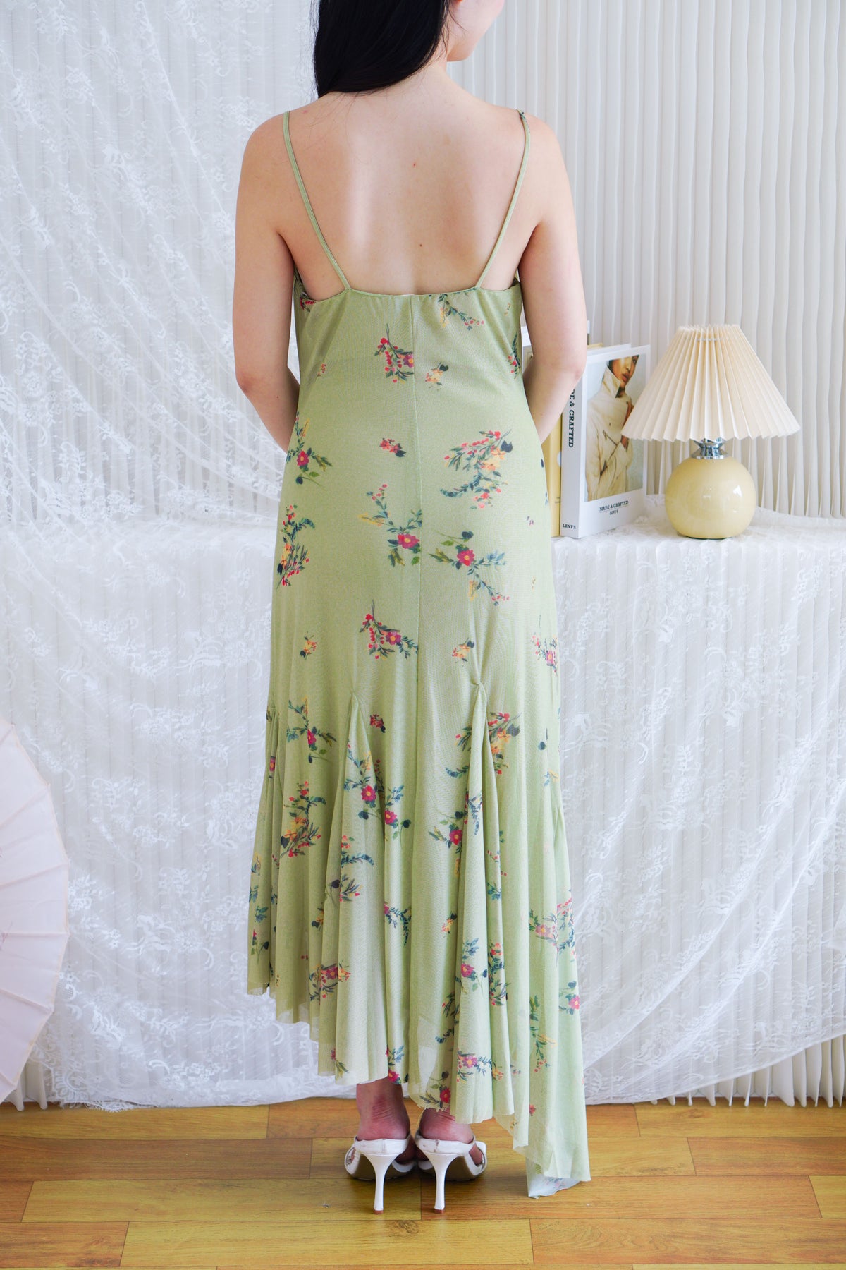 Lanissa Floral Cowl Neck Mesh Frills Dress in Green