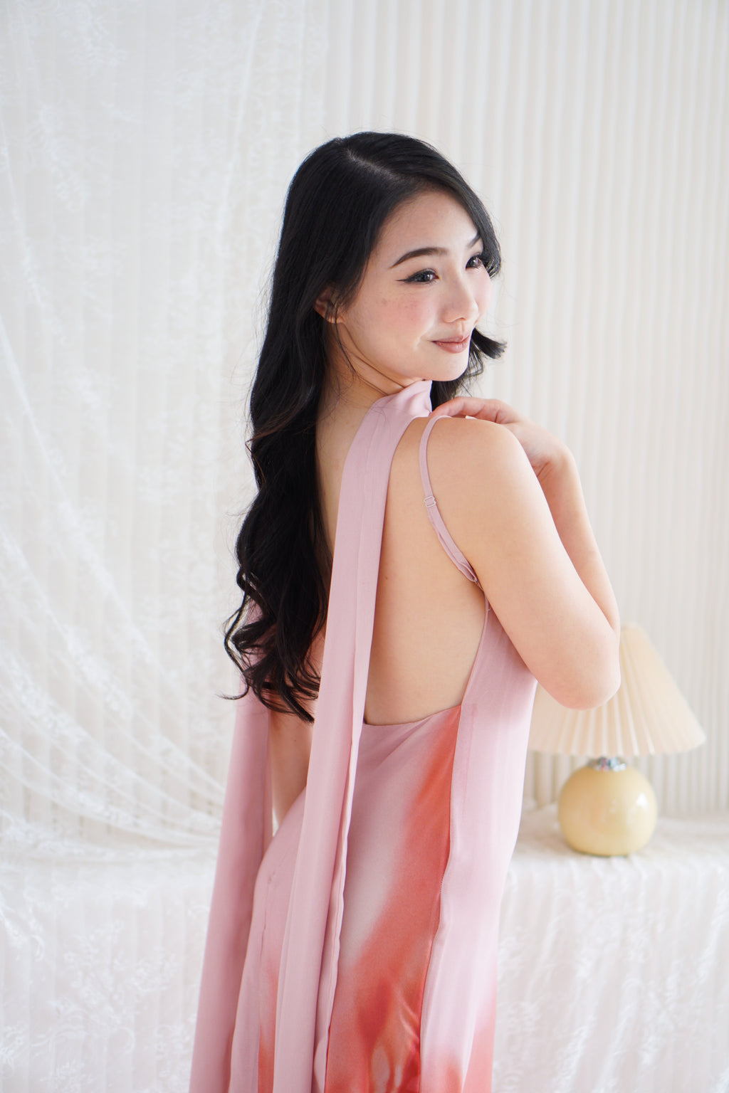 Roanne Floral Ombre Maxi Dress with Neck Scarf in Pink