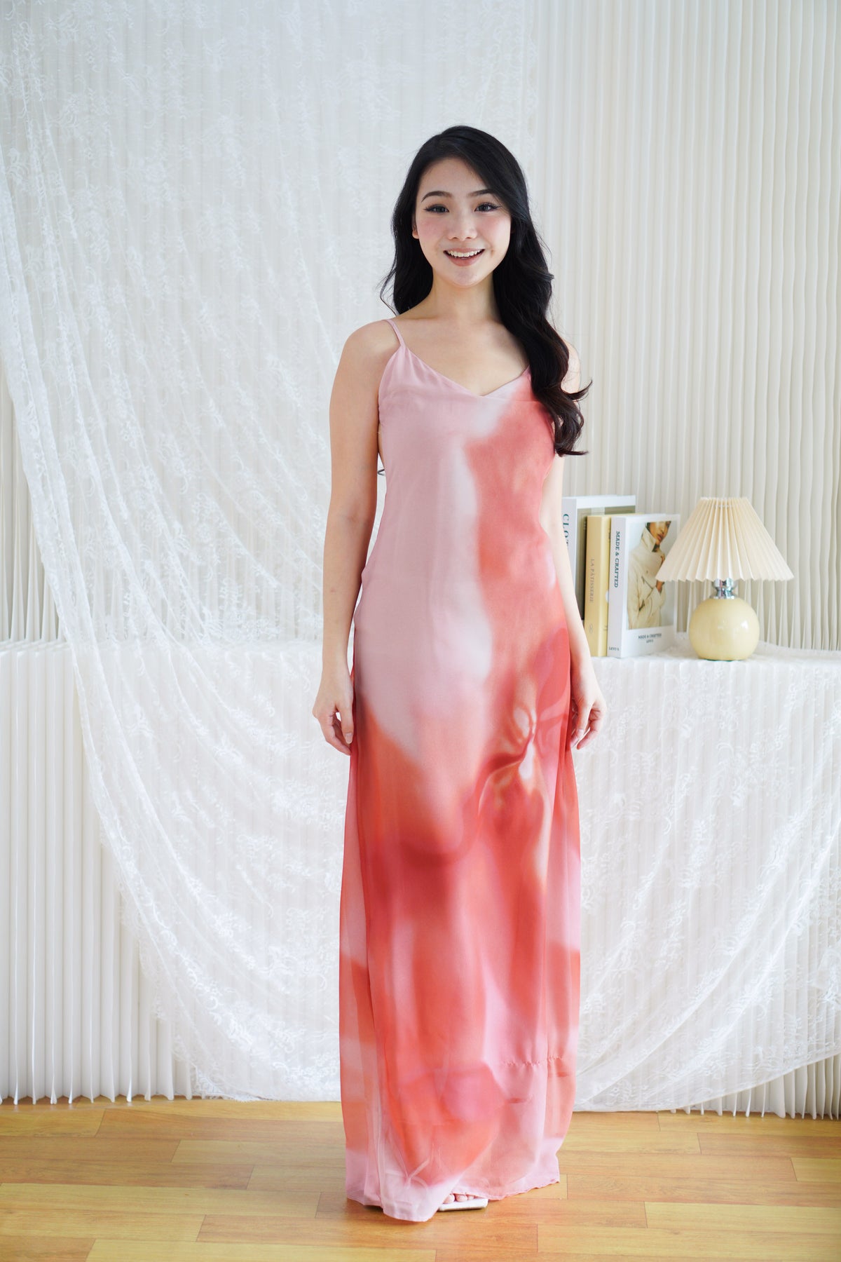 Roanne Floral Ombre Maxi Dress with Neck Scarf in Pink