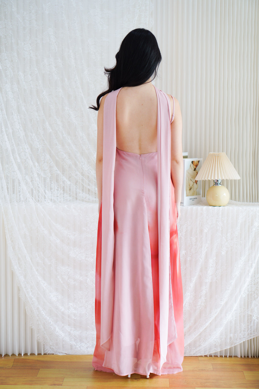 Roanne Floral Ombre Maxi Dress with Neck Scarf in Pink