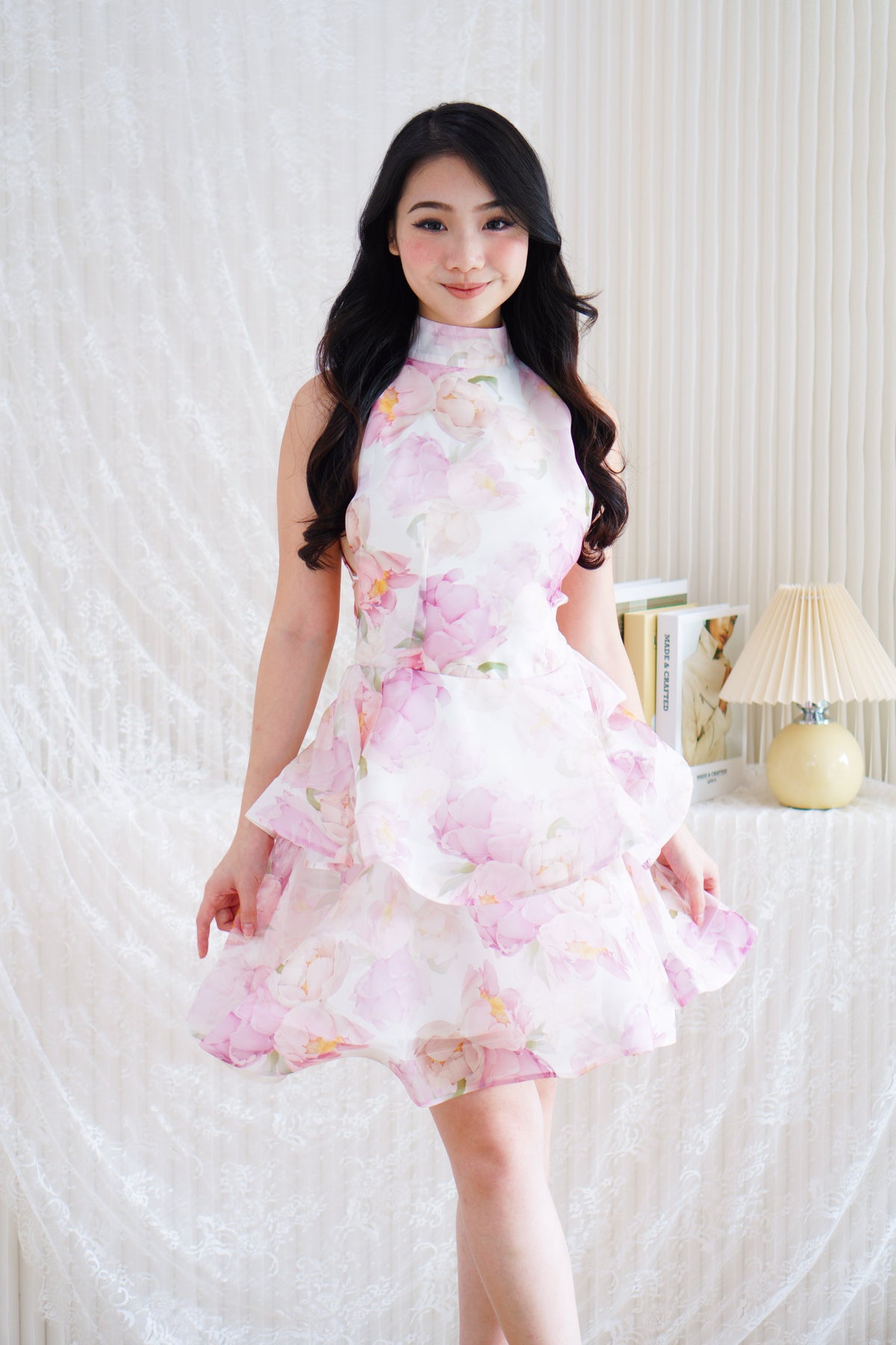 Francesca High Neck Floral Layered Crossback Mini Dress in White and Mauve Pink