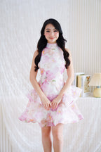 Francesca High Neck Floral Layered Crossback Mini Dress in White and Mauve Pink