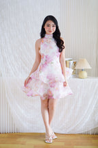 Francesca High Neck Floral Layered Crossback Mini Dress in White and Mauve Pink