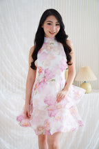 Francesca High Neck Floral Layered Crossback Mini Dress in White and Mauve Pink