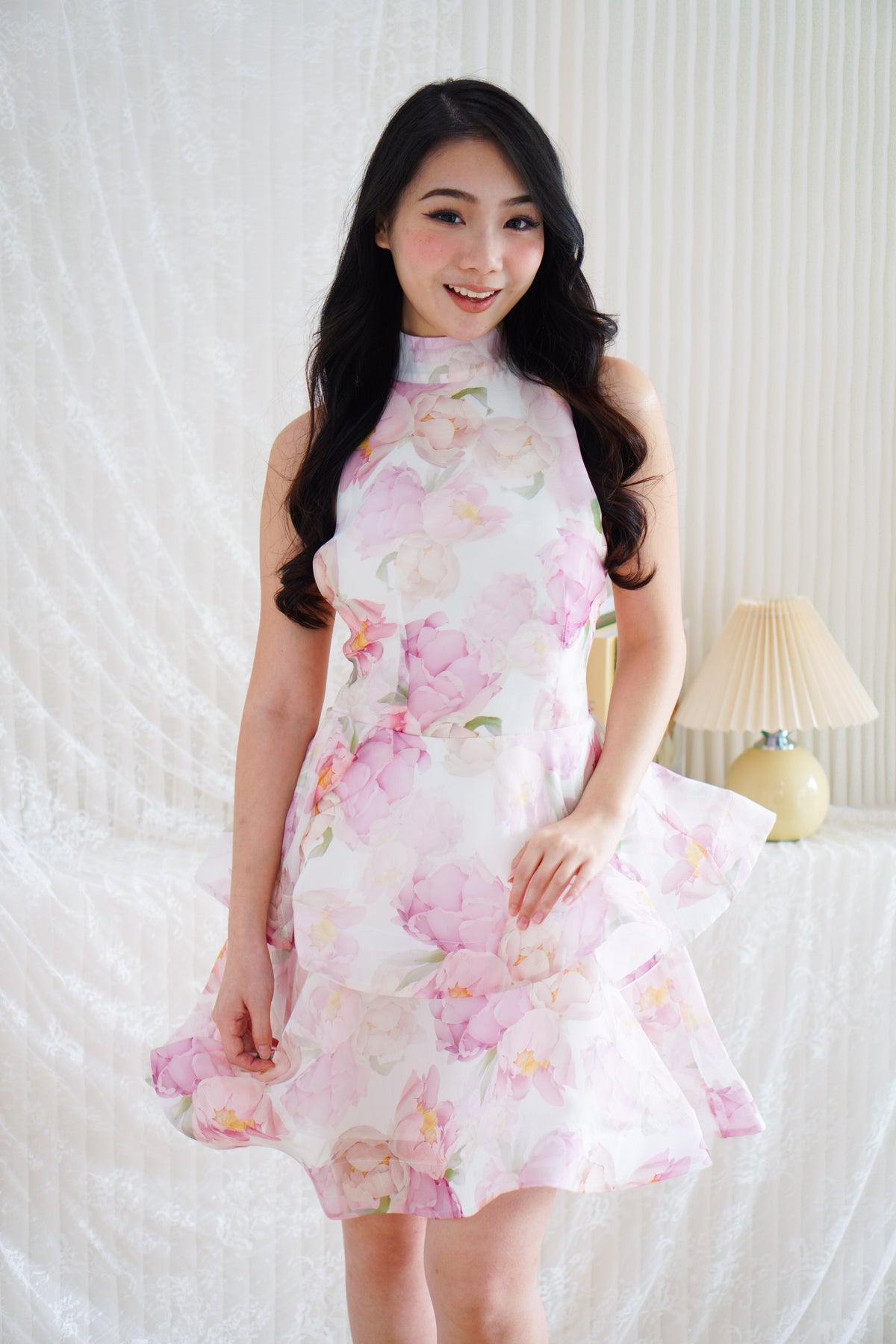 Francesca High Neck Floral Layered Crossback Mini Dress in White and Mauve Pink