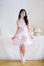 Francesca High Neck Floral Layered Crossback Mini Dress in White and Mauve Pink