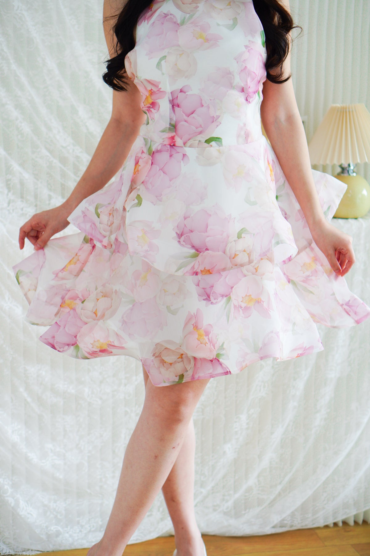 Francesca High Neck Floral Layered Crossback Mini Dress in White and Mauve Pink