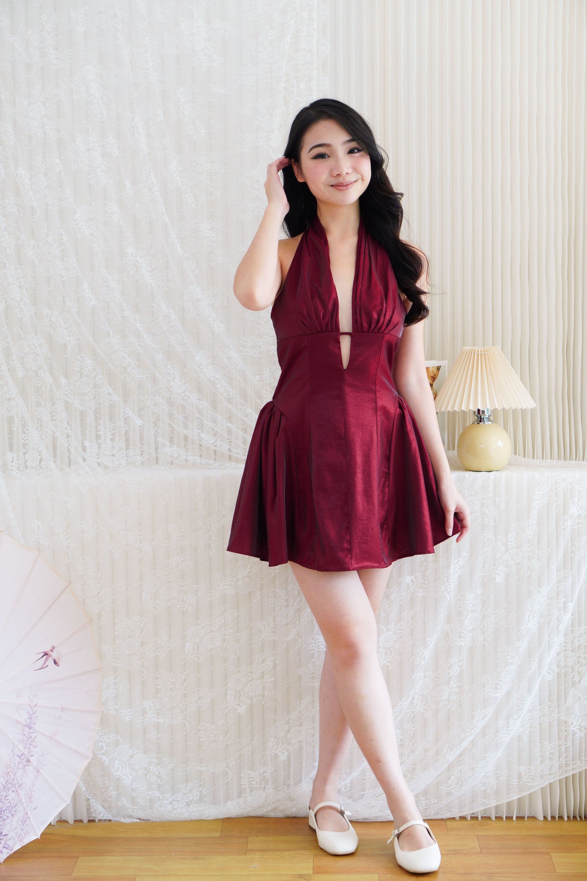 Arabelle Halter Deep V Mini Dress in Dark Red