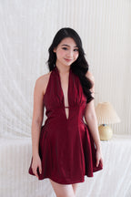 Arabelle Halter Deep V Mini Dress in Dark Red