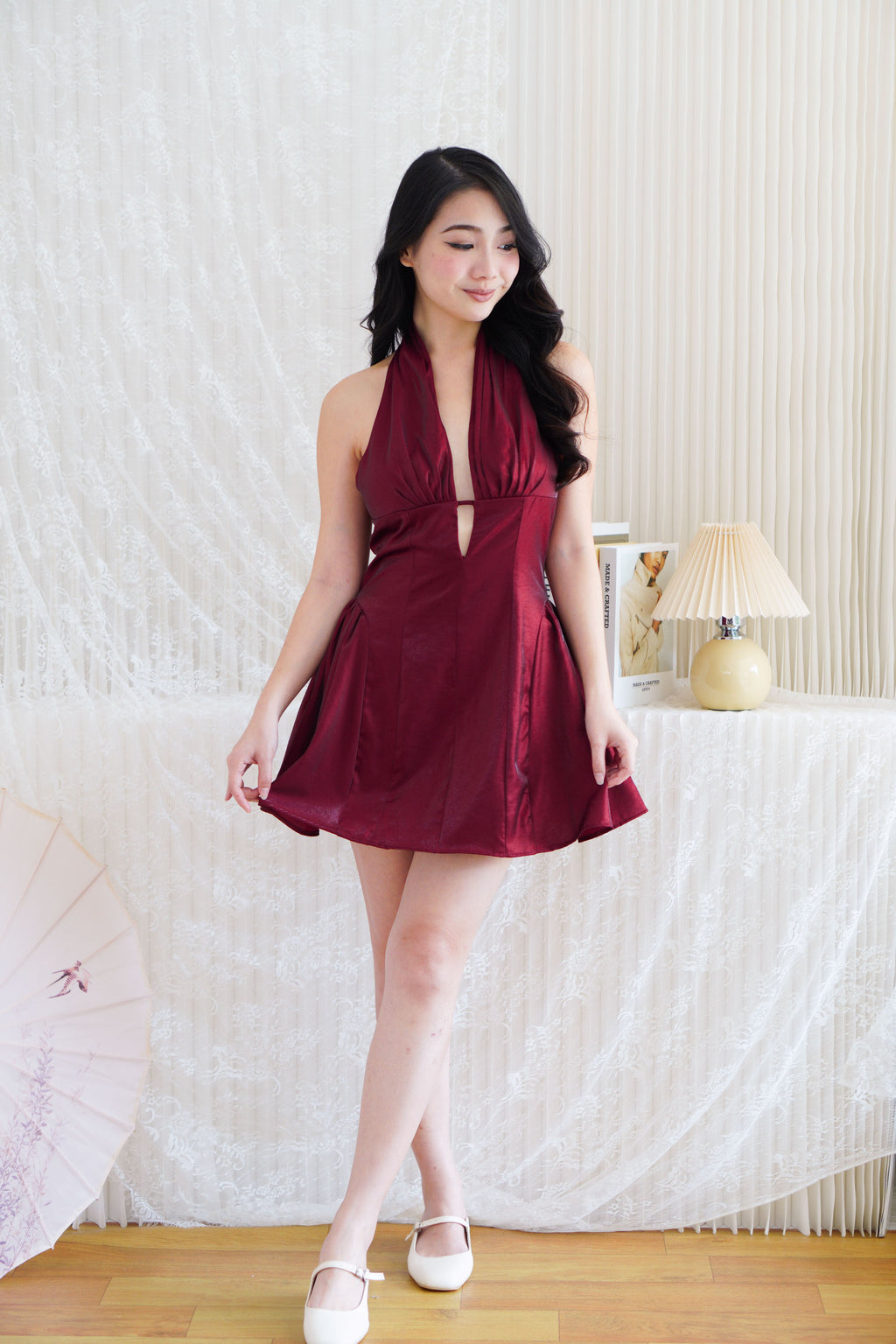 Arabelle Halter Deep V Mini Dress in Dark Red