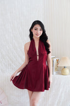 Arabelle Halter Deep V Mini Dress in Dark Red
