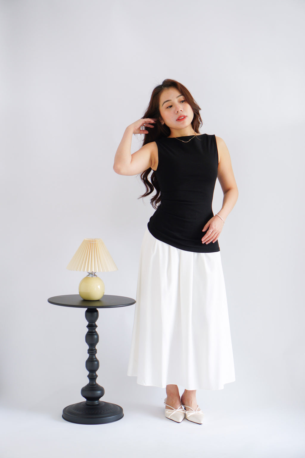Soleil Basic High Neck Ruched Waist Top in Black