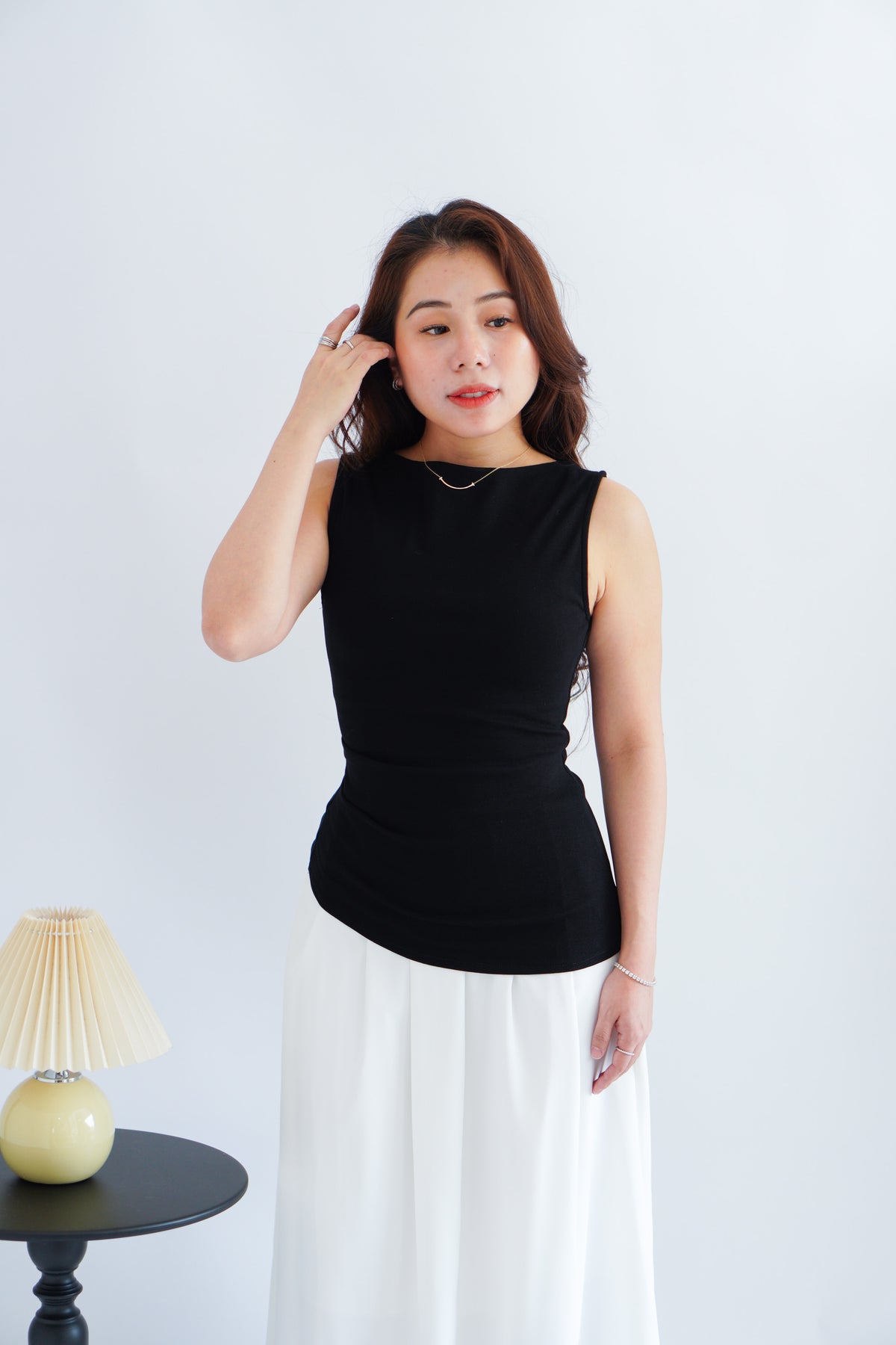 Soleil Basic High Neck Ruched Waist Top in Black