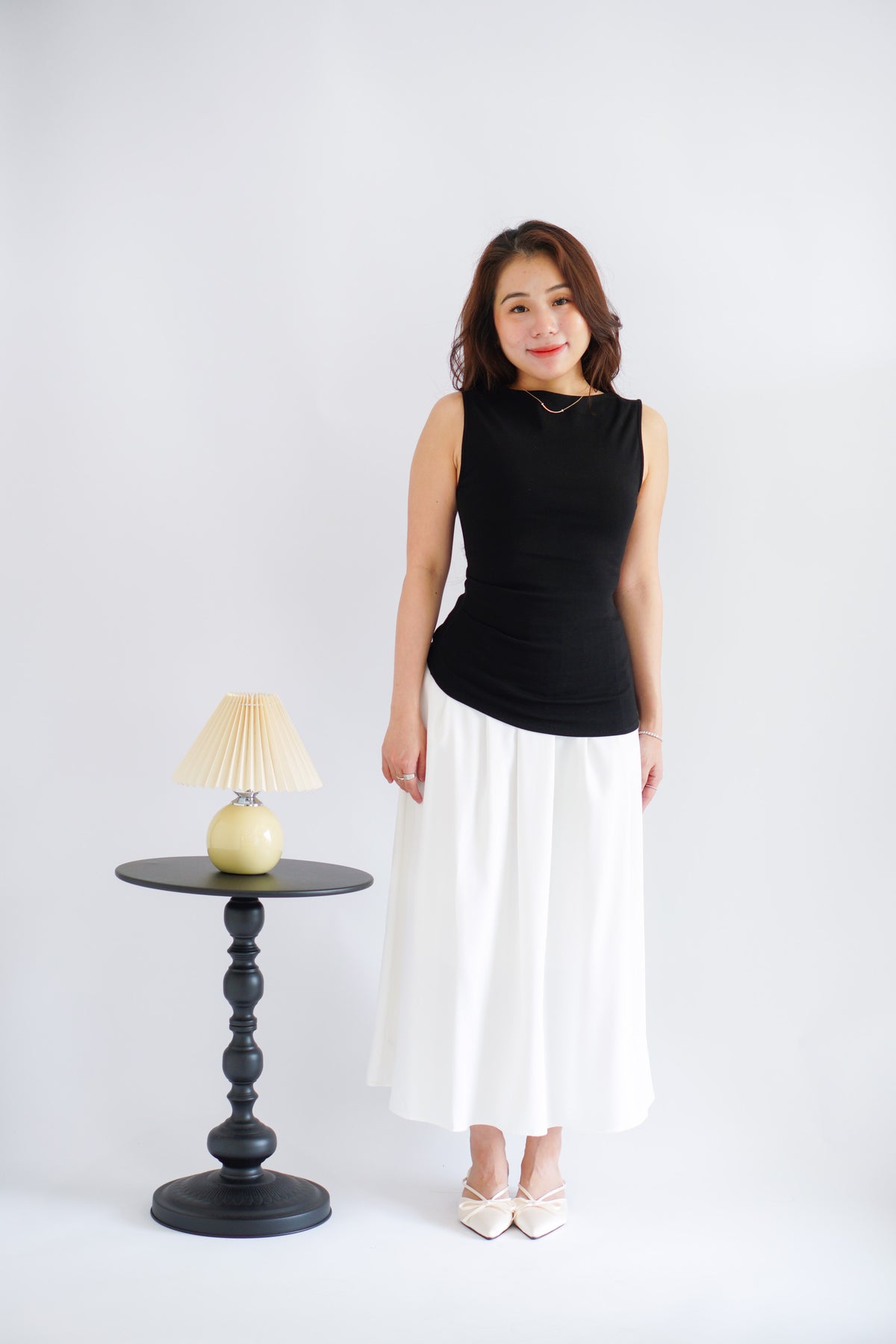 Soleil Basic High Neck Ruched Waist Top in Black